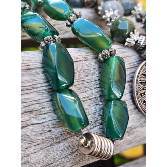 VTG Sterling Silver Aventurine Green Quartz Tribal Pendant Statement Necklace - Picture 5 of 10